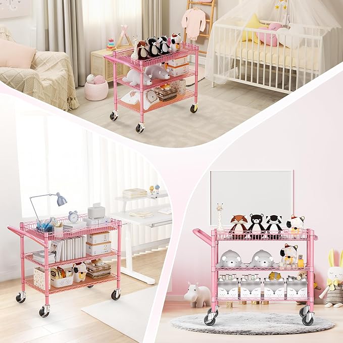 NTE Utility Cart with Wheels, 990lbs Capacity Metal 3 Tier Rolling Carts, NSF Kitchen Carts On Wheels with Storage, Heavy Duty Utility Cart with Handle & Wire Shelf for Indoor & Outdoor Use, Pink