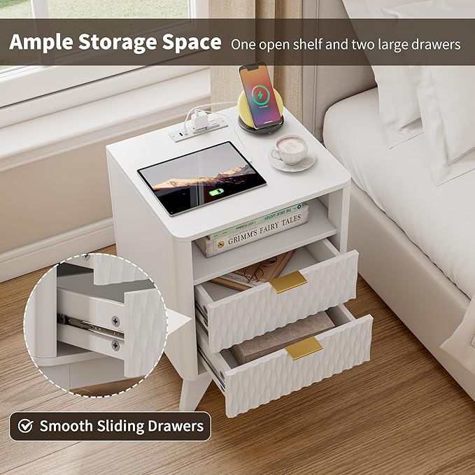 Fluted Nightstand with Charging Station, 18" Modern End Table with Storage Drawers, Bedside Table for Bedroom, White (1 Piece)