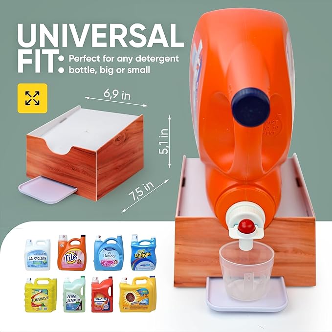 Skywin TidyFriend No-Spill Wood Liquid Laundry Detergent Dispenser Holder, Laundry Soap Dispenser Holder with Drip Tray for Laundry Room Organization