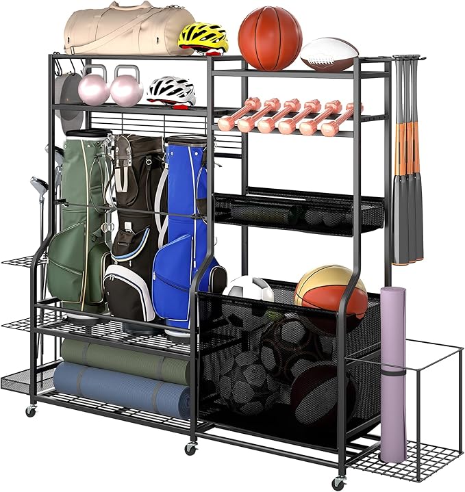 YITAHOME Multi-Functional Sports Organizer for Garage, Golf Gear Storage Rack for 3 Bags and Clubs, Ball Storage Bins with Wheels, Multi-Layer Sports Equipment Rack with Hooks