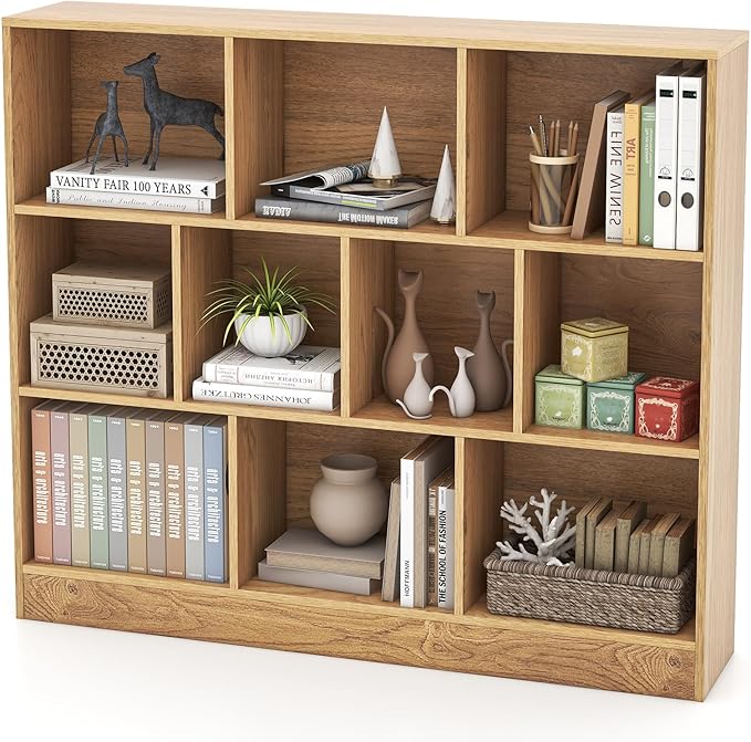 Giantex 10 Cube Bookcase, 4-Tier Freestanding Bookshelf w/ 10 Open Compartments, 2 Anti-Tipping Kits, Modern Display Cabinet, 41" Wood Cubby Storage Organizer for Living Room, Bedroom, Natural