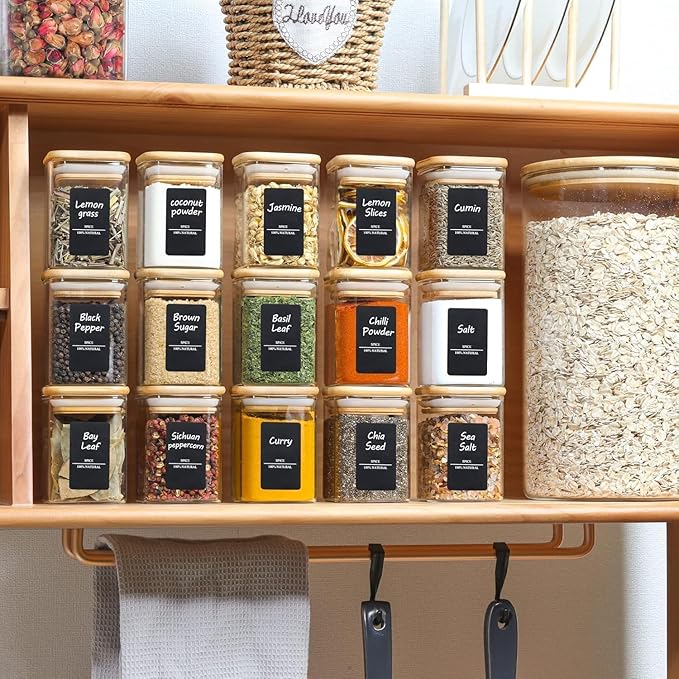 ComSaf 16Pcs Glass Spice Jars with Bamboo Lid, 6oz Airtight Square Containers with 275 Black Lables, Empty Seasoning Jars for Salt Sugar