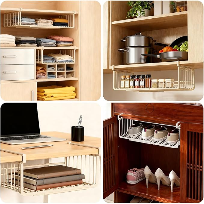 JIABEIUS 2 Pack Under Shelf Storage Basket, Extendable Under Cabinet Organizer, Pantry Organizers and Storage Hanging Rack for Kitchen Laundry Room Desk Counter Bookshelf