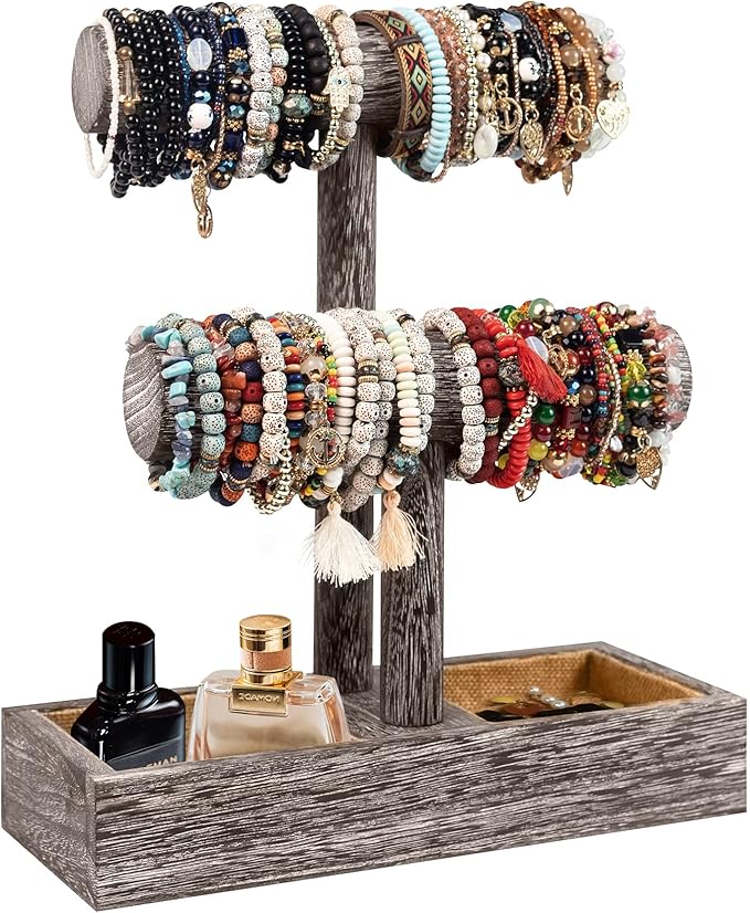 LadyRosian 2 Tier Wooden Display Jewelry Accessory Stand Jewelry Bracelet Holder Bangle Watch Necklace Storage Jewelry Holder Stand Display Organizer, (Antique White-2 layers)