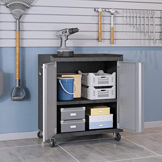 Manhattan Comfort Fortress Rolling 2 Door Garage Storage Cabinet, Black/Gray