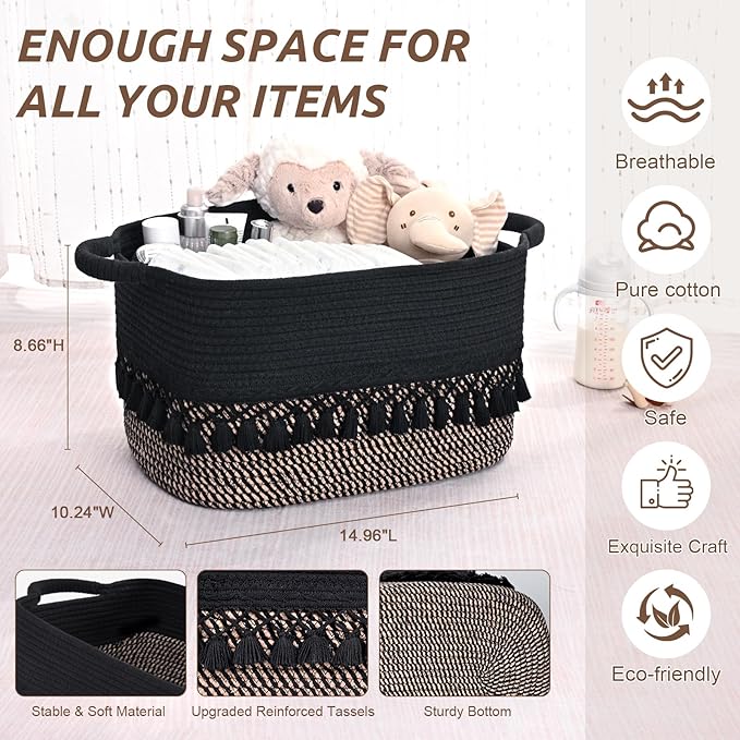 6 Pack Storage Basket for Shelves, Boho Cotton Rope Storage Bins with Heavy Tassel, Shelf Baskets Large Woven Baskets for Organizing, Cube Organizer Bins, Baby Laundry Basket for Clothes, Toys, Pets
