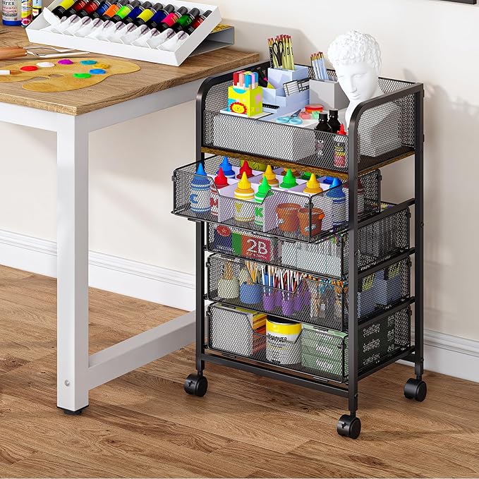 5-Tier Craft Organizer Cart with Wheels-Storage Cart with Drawers,Lockable Wheels Rolling Utility Cart,Makeup Cart with DIY Divider,Office Supply Organizer Storage for Studio,Office,Bedroom,Black