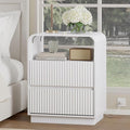 White Nightstand with Charging Station, Mid Century Modern Bedside Table & End Table, Fluted Wood Small Night Stand with 2 Hidden Drawers and Storage Shelf for Bedroom