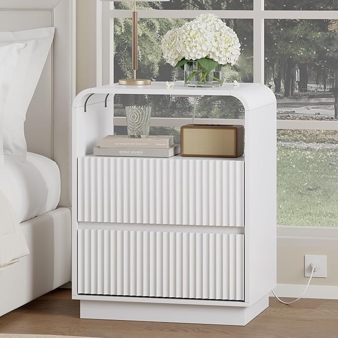 White Nightstand with Charging Station, Mid Century Modern Bedside Table & End Table, Fluted Wood Small Night Stand with 2 Hidden Drawers and Storage Shelf for Bedroom
