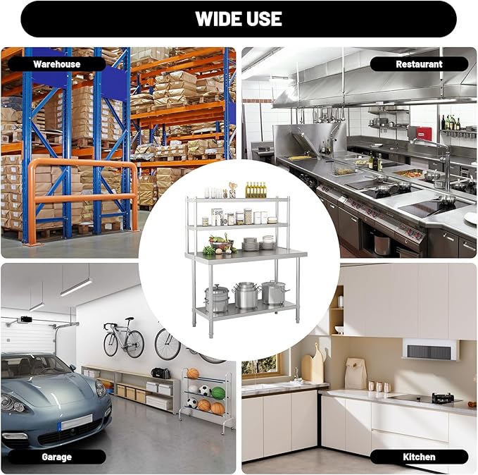 2-Tier Stainless Steel Commercial Work Table 47.2" W x 23.6" D x 31.5" H with Overshelf, Heavy Duty Kitchen Prep Table for Restaurant, Home Kitchen, Garage, Warehouse