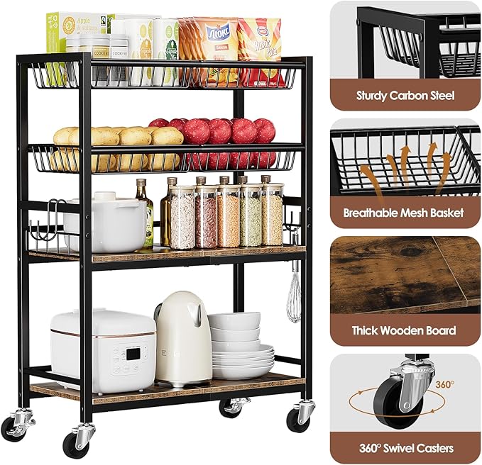 Kitchen Storage Cart, 4 Tier Utility Rolling Snack Cart, Fruit & Vegetables Basket Stand, Pantry Storage with 4 Detachable Mesh Basket for Kitchen, Bathroom, Living Room, Office, Balcony, Black