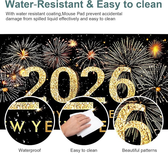 2026 Happy New Year Gaming Mouse Pad 35.4"x15.7"Desk Mat Anti-Slip Rubber Base & Durable Stitched Edges for Gamers Smooth Mouse Writing Surface for Desk Office/Home