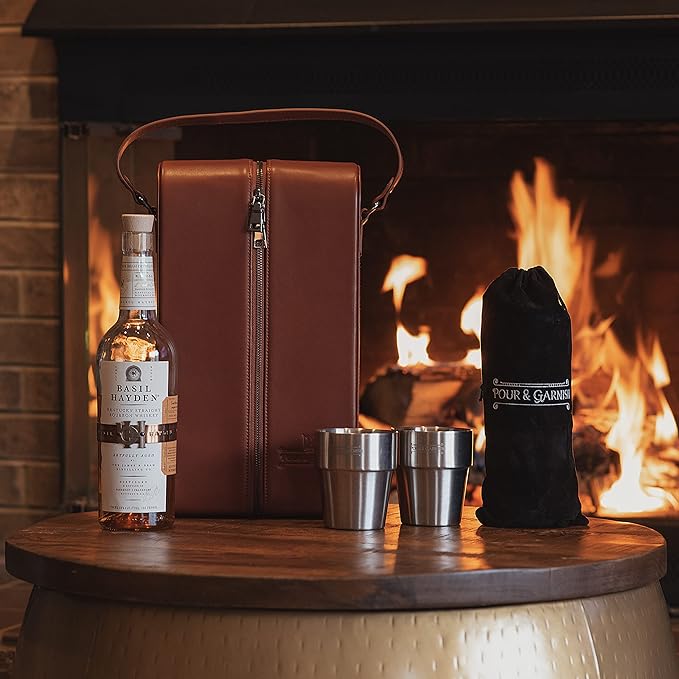 POUR & GARNISH Bourbon, Whiskey & Wine Double Bottle Travel Bag – Vegan Leather Spirits Carrier with 4 Stainless Steel Insulated Glasses & Gift Pouch – Luxury Barware Gift