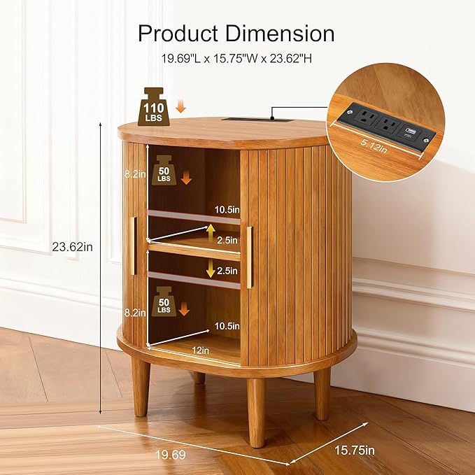 Nightstand with Charging Station, Fluted Accent Side Table with Sliding Door & Adjustable Shelf, Mid-Century Modern End Table for Small Space, Living Room, Bedroom (1, Yellow Walnut)