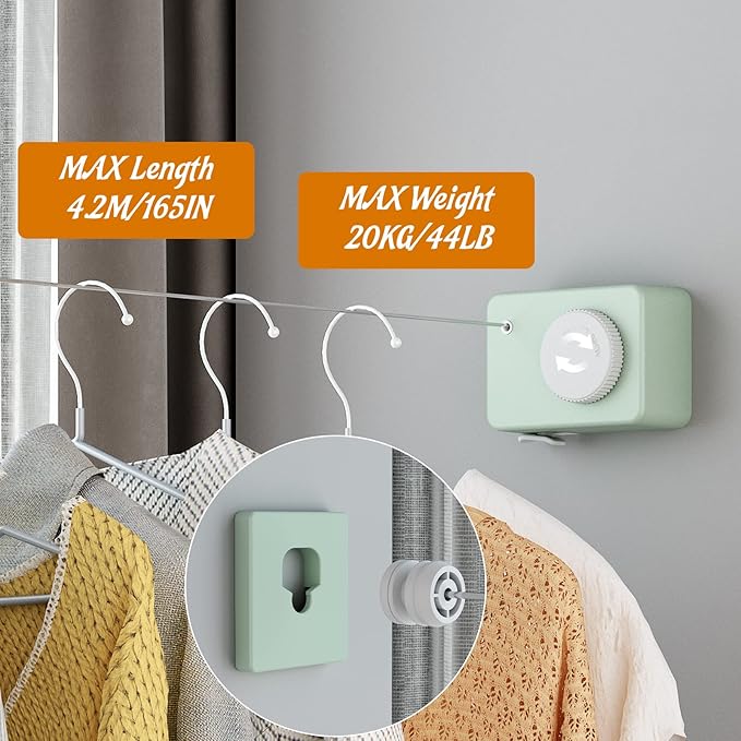 Retractable Clothesline Indoor, Non-Sagging Clothes Line Retracting Outdoors, Wall Mounted Clothes Line Outdoors Set,13.8 Ft Heavy-Duty Retractable Laundry Line,Light Green
