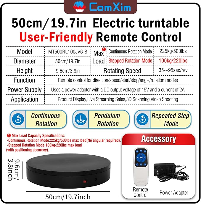 19.7In Remote Large Motorized electric turntable Rotating platform Photography Turntable Motorized lazy susan Base giratoria para for Photography,3D Scanner,Heavy duty display(Load Range:220~500lbs)