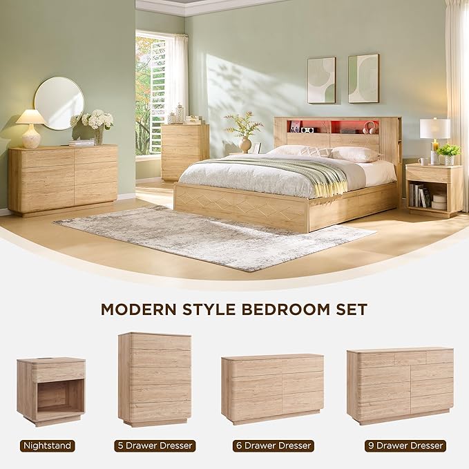 ACCOHOHO Modern 6 Drawer Dresser for Bedroom, 52" Wide Wooden Dressers with Large Storage,Handleless Chest of Drawers TV Stand for Living Room & Hallway, Curved Profile Design,Natural Oak
