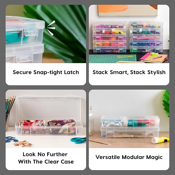 IRIS USA Pencil Case Box Storage Container for Organizing with Snap Lid, 10-Pack, Big Capacity Stackable Plastic Pen Pouch for Craft Hobby Art Supplies Journaling Stationery Sticker, Clear, Large