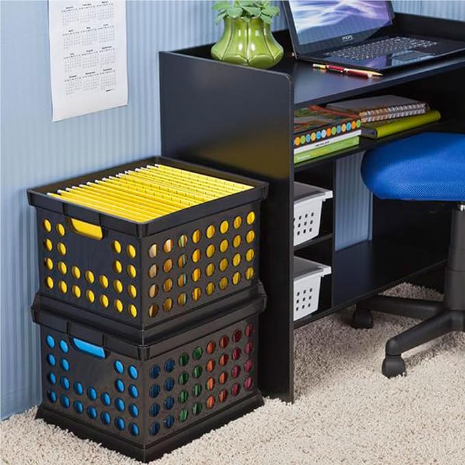 Sterilite Stackable Plastic Storage Crate Bin Organizer File Box with Handles for Home, Office, Dorm, Garage, or Utility Organization, Black, 6-Pack