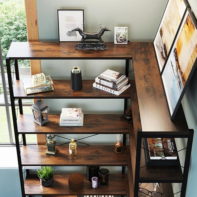 6-Shelf Corner Bookshelf, Vintage Industrial Corner Shelf Etagere Bookcase, Large Book Shelf with Metal Frame Open Storage Corner Cabinet (Brown-Lockers, Large)