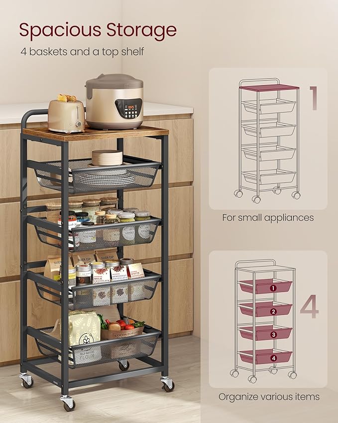 VASAGLE Storage Cart with Pull-Out Baskets, 5-Tier Kitchen Cart with Wheels, Handle, 12.5 x 15.8 x 37.4 Inches, Rustic Brown and Ink Black ULRC041K01