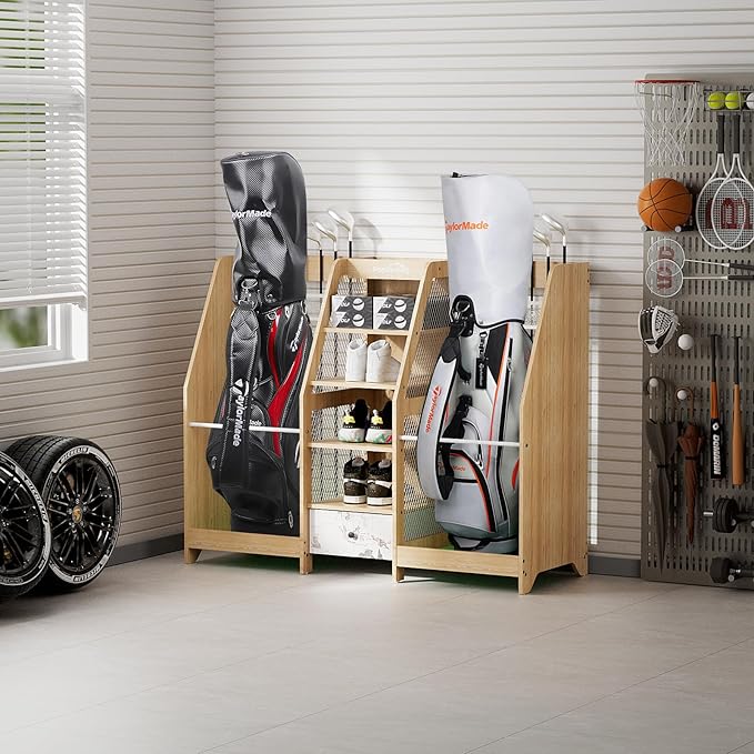 Golf Bag Storage Organizer for Garage, Premium Wooden 2 Golf Bags Rack with Drawer, Easy Assemble Golf Club Stand/Holder Suitable for Garage Home Simulator and Office