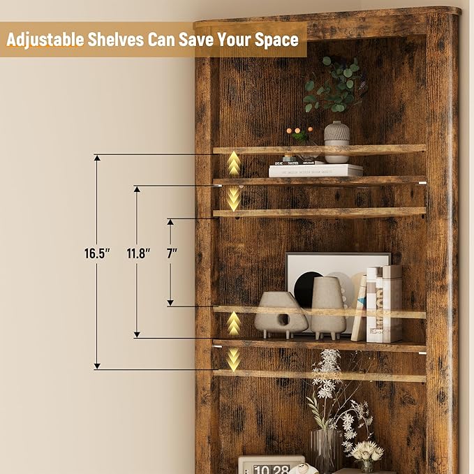 69" Tall Corner Shelf with Doors, 7-Tier Corner Storage Cabinet with Doors, Space Saver Shelf for Bathroom, Bathroom Floor Cabinet for Living Room Kitchen, Hallway