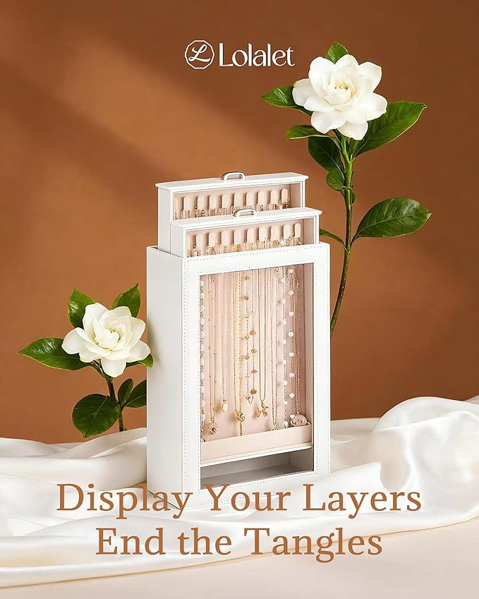 Lolalet Necklace Organizer Box, 2-Layer Jewelry Storage Boxes with Clear Lid for Necklaces, Tangle-Free Necklace Display Case for Women Girls -White
