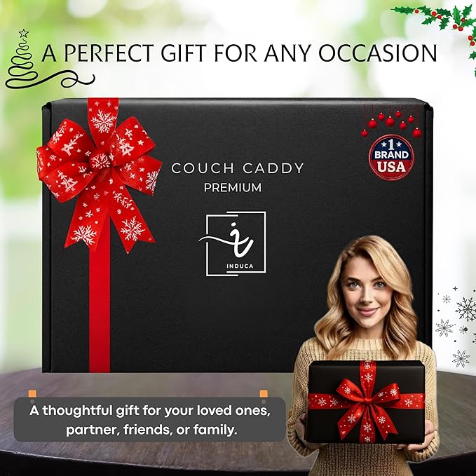 Couch Caddy with Cup Holder | Bamboo Couch Cup Holder Tray for Drinks, Snacks & Remotes | Couch Tray for Bed, Car Seat & Beach Organizer (Black)