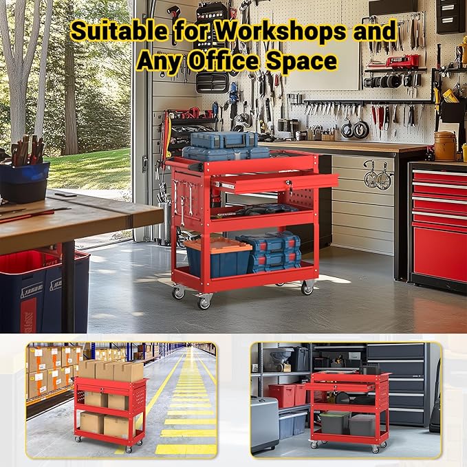 3 Tier Rolling Tool Cart on Wheels, 550 LBS Tool Cart with Drawers，Heavy Duty Utility Cart with Pegboard and Hook，Mechanic Tool Storage Cart for Garage, Warehouse and Repair Shop(Red)