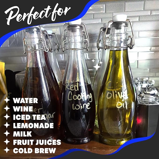 Nevlers 17 Oz Teardrop Swing Top Glass Bottles with Airtight Lid 6 Pack | Flip Top Glass Bottle with Stopper, Funnel, Brush, Shrink Wrap, Marker & Tags | Clear Beer Bottles | Fermentation Bottle Kit