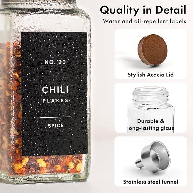 EDELHAUS® Square Spice Jars with Acacia Wooden Lid (Pack of 24) Spice Jars with Shaker Insert and 240 Labels - Acacia Lid Glass Container for Spice Organisation [4.3 in × 1.8 in]
