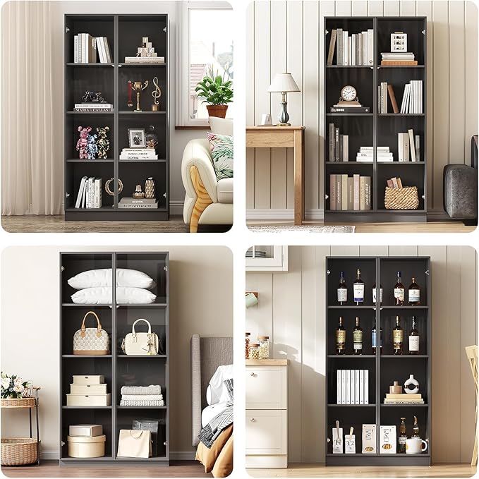 Glass Display Cabinet with LED Lights Set of 2, Display Case Bookcase with 4-Tier Shelves, Curio Cabinet with 2 Glass Doors, Storage Cabinet for Collectibles, Living Room
