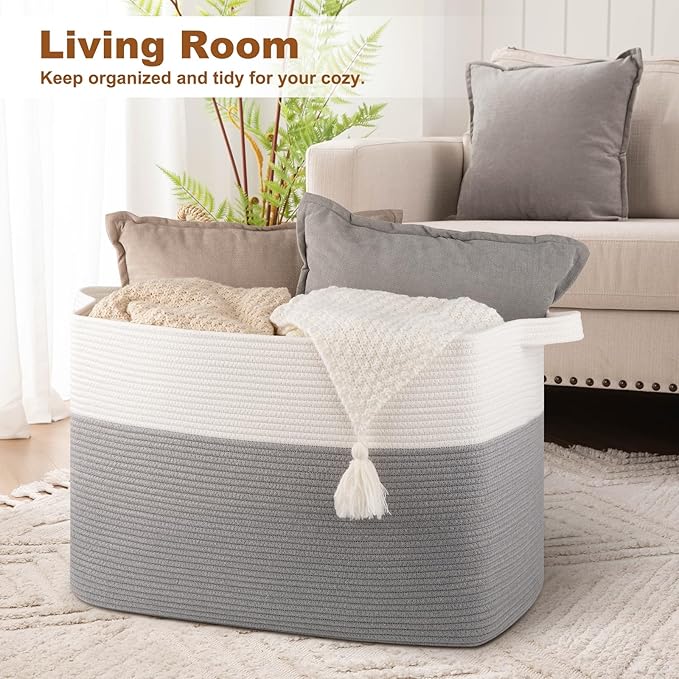 XXXL Supre Large Blanket Basket for Clothes, Towels, Pillows, 108L Cotton Rope Storage Basket for Living Room, Woven Toy Storage for Kids, 25" x 16" x 16", Grey and White