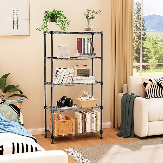 5 Tiers Shelf Metal Storage Shelves Standing 1750 LBs Household Shelf Organizer for Kitchen Pantry Closet Garage Basement Utility Room, Black15.7 D x 45.3" W x 70.4" H