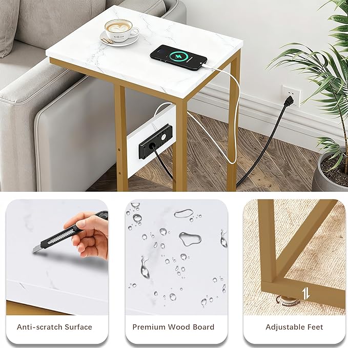 VECELO C Shaped End Side Table with Charging Station & Power Outlets for Couch Sofa/Bed, Snack TV Tray with Metal Frame for Living Room Bedroom 2 PCS, Gold