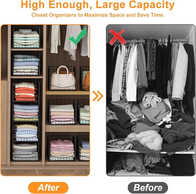 4-Tier Stackable Closet Organizers and Storage Shelves, Clothes Storage Basket, Clothes Shelf Organizer Sweater Organizer Bins Container for Wardrobe Kitchen Bathroom Office, Black