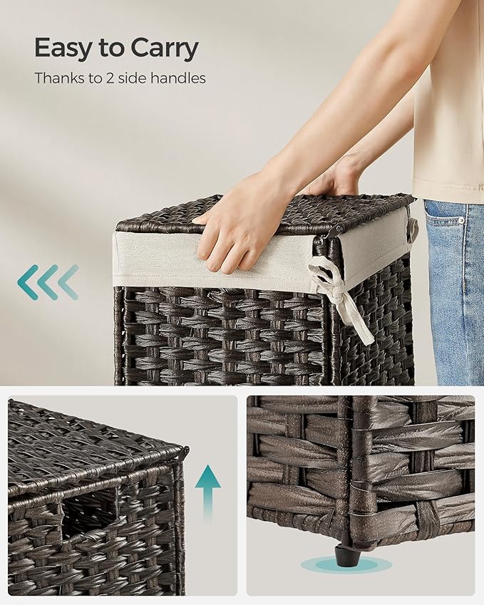 SONGMICS Storage Basket with Lid, 9.2 Gallon (35L) Storage Bin, Woven Blanket Storage Basket with Handles, Foldable, Removable Liner, Metal Frame, for Bedroom, Laundry Room, Brown URST040K01