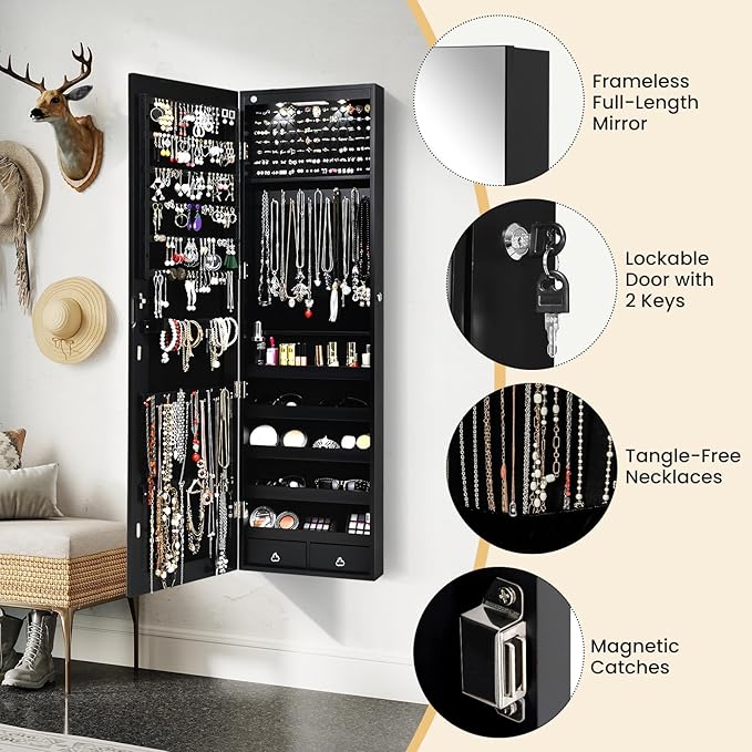 Giantex Wall Door Mounted Jewelry Armoire Cabinet with 47.5" H Full Length Mirror, 2 LEDs Lockable Jewelry Organizer Box with Bracelet Rod, 2 Drawers, Large Storage Capacity (Black)