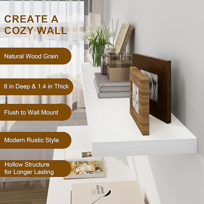 Fun Memories Deep White Floating Shelves, 8 Inch Deep Floating Shelf for Wall, Rustic White Wall Shelves 55 Inch Long, Large 55 x 8 Storage Shelves for Living Room, Bedroom, Kitchen