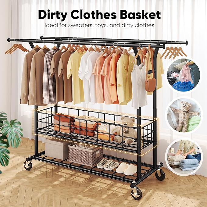 HOKEEPER Heavy Duty Clothes Rack Load 625 LBS, Clothing Rack for Hanging Clothes, Adjustable Black Double Rod with Metal Basket, Portable Rolling Garment Rack with Wheels for Bedroom, Laundry Room