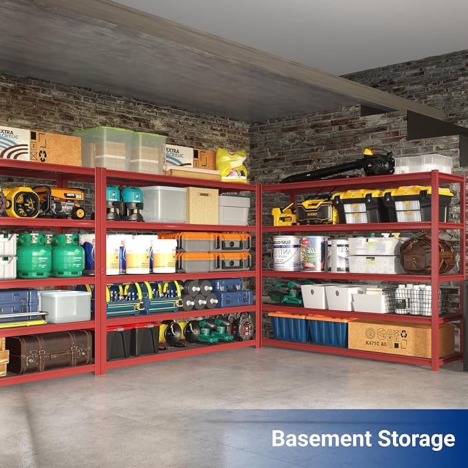 FLEXIMOUNTS 2 Pack 60" W Garage Shelving, 5 Tier Storage Shelves Load 1500LBS, Adjustable Garage Shelving Heavy Duty, Metal Shelves Unit for Basement, Warehouse, 60" W x 72" H x 24" D, Red