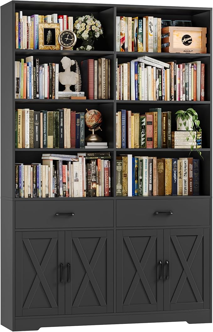HOSTACK 78" Tall Bookshelf with Doors, Double Wide Bookshelf with Storage Drawers, Large Bookcase with Cabinet and 8 Open Display Shelves, Farmhouse Wood Bookcase Book Shelf for Living Room, Black