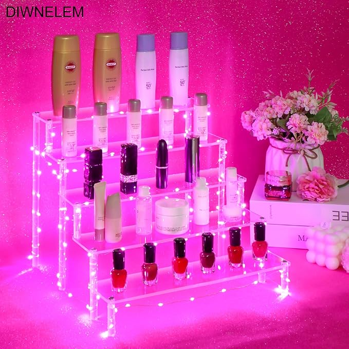 DIWNELEM 5 Tier Acrylic Risers - Acrylic Display Stands with Pink LED Light