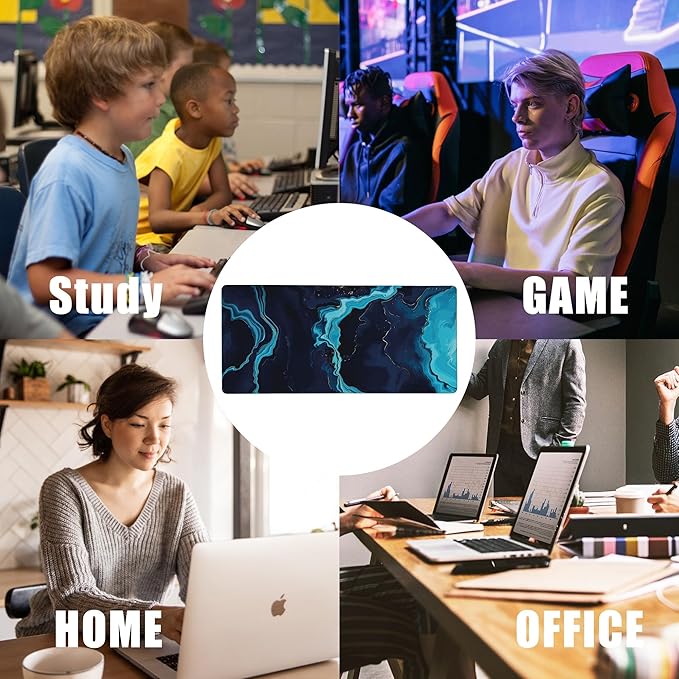 Blue Marble Desk Mat,Large Gaming Mouse Pad,Non-Slip Rubber Base Desk Pad with Stitched Edges for Desk Office Home Decor 35.4X15.7 Inch