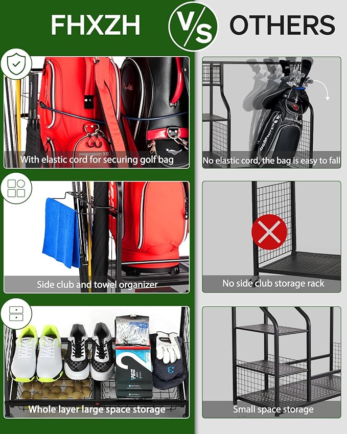 Golf Bag Storage Garage Organizer - Golf Bag Stand Fit for 2 Bag, Extra Clubs, Balls, Shoes, and Golf Equipment Accessories, Golf Storage Rack for Garage, Club, Shed