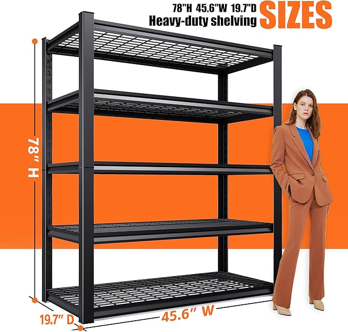 45.6"W Garage Shelving Heavy Duty Storage Shelves, 5-Tier Adjustable Metal Shelving Unit, Utility Garage Organizer Shelf for Basement, Pantry, Warehouse, Supermarket, 45.6" W x 19.7" D x 78" H