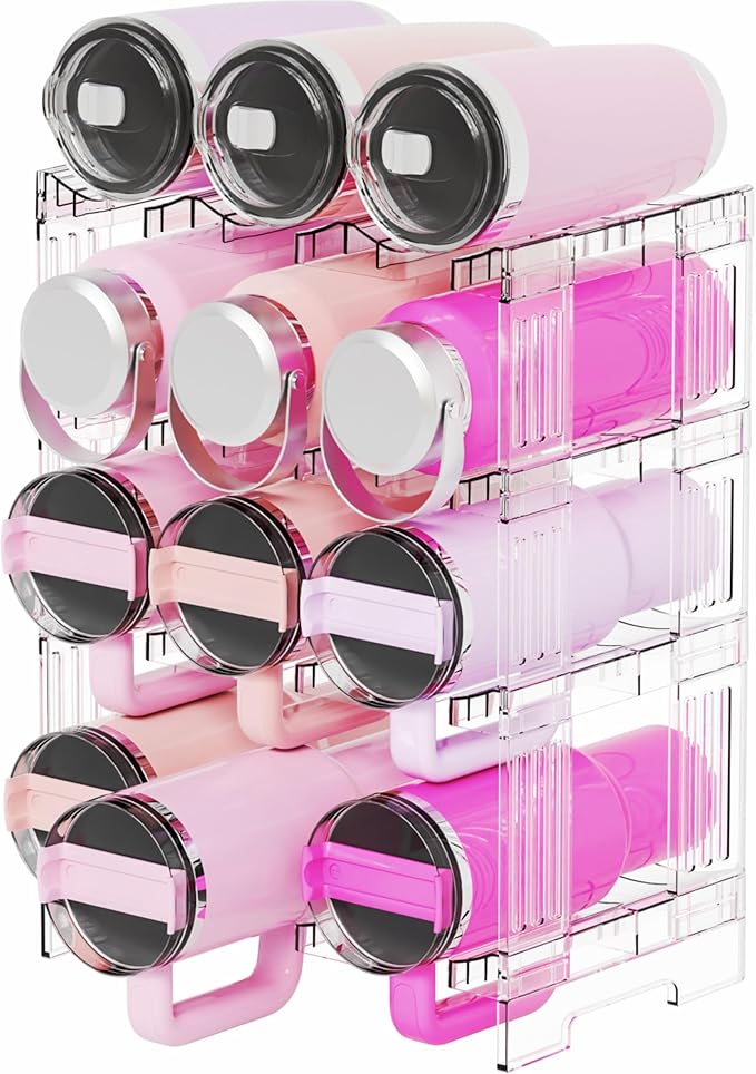 Yieach Stackable Water Bottle Organizer for Cabinet Yeti or Stanley Storage Organizers - Larger Compartment for 40 oz Stanley Cup Holder and Other Tumbler Organizers,Waterbottle Rack for Pantry,4 Tier