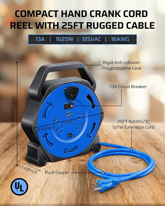 DEWENWILS Cord Reel with 4 Power Outlets, 2-USB Ports(3.4A Fast Charge), 25FT Retractable Extension Cord Reel, Heavy Duty SJTW 16/3 Cable, 13A Circuit Breaker, Hand Wind, UL Listed