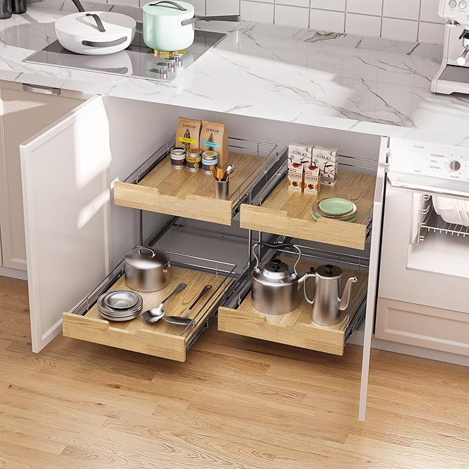 Pull Out Cabinet Organizer,Heavy-Duty Slide Out Shelf, Wood and Wire Basket, Pull Out Drawer for for Kitchen Under Sink Space, Pantry, Bathroom, 2 Tie 26 * 21 in